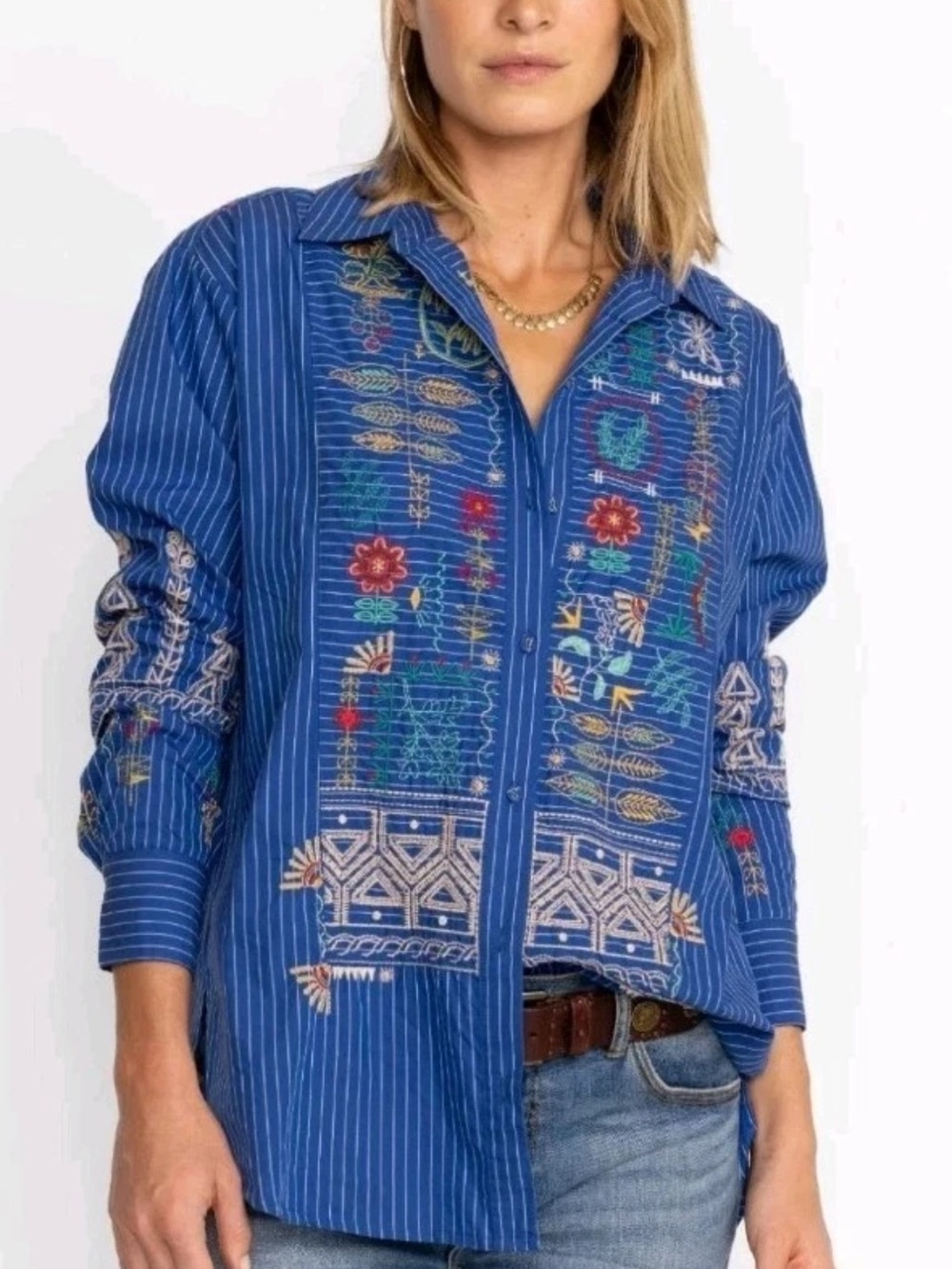 Johnny Was Womens XS Oversized Embroidered Button Up Shirt Boho Artisan MSRP$248